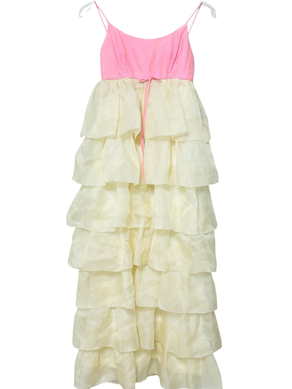 Vintage 1960s Pink Organza Tiered Ruffle Cupcake Dress Prom Gown Womens Teen XS